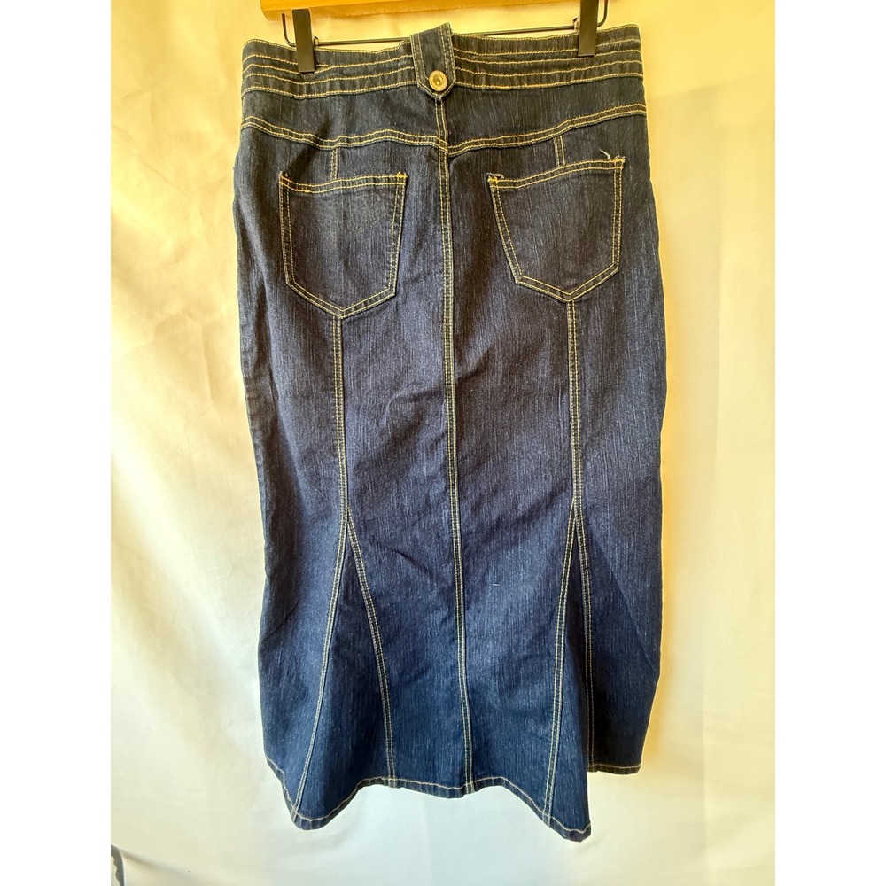 Utility Womens Dark Wash Denim Midi Skirt Contrast Stitch Size 12 Flared Indigo - Picture 5 of 6